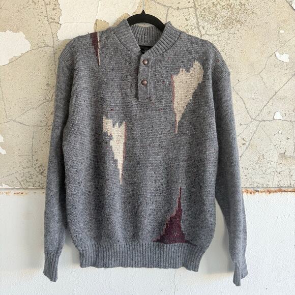 Vtg 80s Sweater Wool Blend Henley Pullover Gray Abstract Grandpacore Academia L - Picture 1 of 7